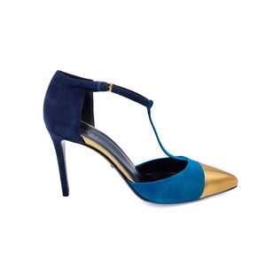 Gucci Navy Blue Suede T-Strap Gold Cap Toe Pumps Heels EU 37.5